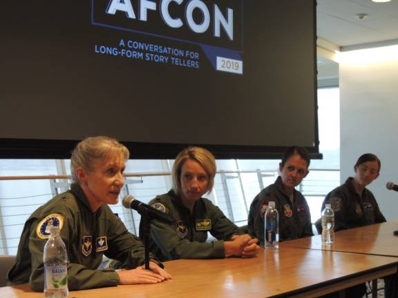 Women fighter pilots at AFCON (left to right): Brigadier General Jeannie Leavitt, Lieutenant Colonal Kristin Hubbard, Captain Kristin Wolfe, Captain Laney Schol. Photo: Lou Sepersky