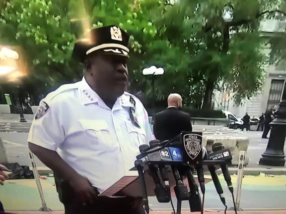 Chief of Department Jeffrey Maddrey addresses reporters in Union Square, post riot on Aug. 4. Photo: YouTube
