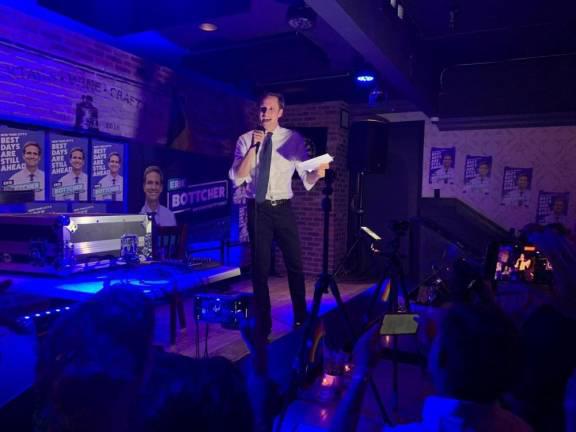 Erik Bottcher, speaking on election night at Chelsea Bell, was a favorite to win. Photo courtesy of Friends of Erik Bottcher