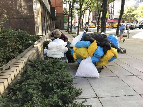 A homeless woman -- or in street parlance, a "shopping-bag lady" -- with her worldly belongings on Second Avenue just south of East 75th Street last weekend. Photo: Douglas Feiden