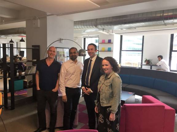 Council Member Keith Powers (second from right) visited Fog Creek Software’s offices in Lower Manhattan to discuss the state of the city’s technology industry with (from left) Fog Creek’s Jordan Harris, Anil Dash and Meg Tobin. Photo: Michael Garofalo