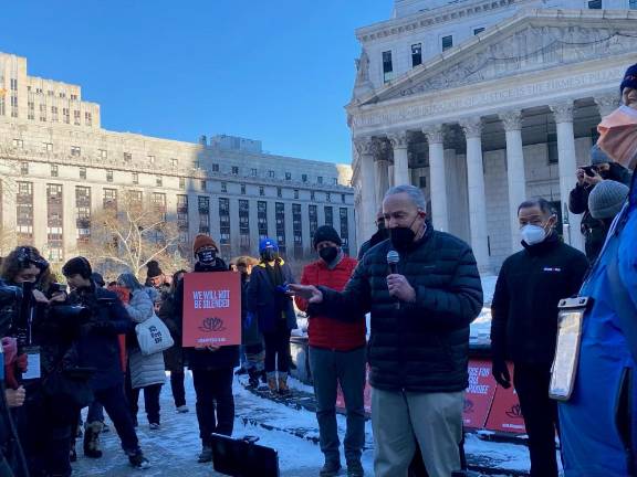 New York Senator Chuck Schumer shows support for the Asian American community at Sunday’s rally. Photo: Ava Manson