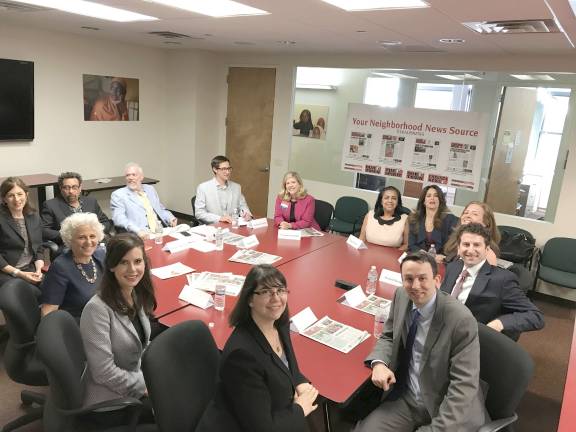 At Our Town's District 4 meeting (clockwise from top center): candidates Vanessa Aronson, Maria Castro, Rebecca Harary, Rachel Honig, Jeffrey Mailman, Keith Powers, Bessie Schachter, Marti Speranza; Straus News Publisher Jeanne Straus and edit team Alexis Gelber, Richard Khavkine, Douglas Feiden, Michael Garofalo. Photo: Molly Colgan