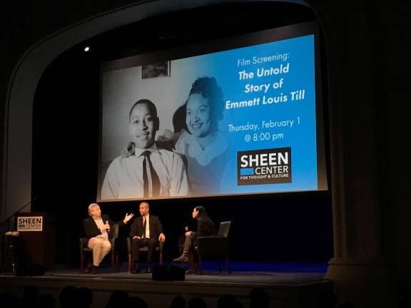 Frederick Zollo, producer of an upcoming feature film based on documentary, left: Keith Beauchamp, producer-director of The Untold Story of Emmett Louis Till, center: and Sheen Center programming associate and moderator Kelley Girod following a recent showing of the documentary at the Sheen Center in Greenwich Village. Photo: The Sheen Center