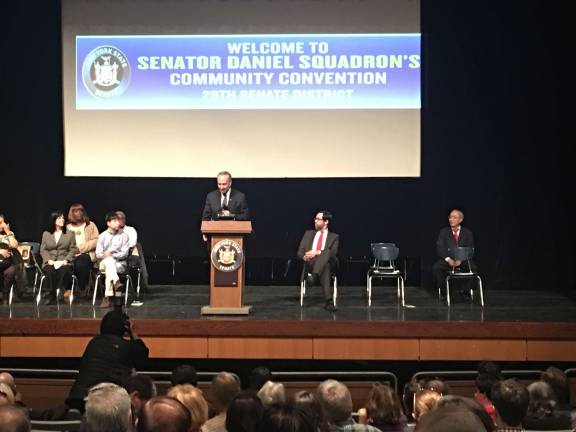 Senator Charles Schumer, a longtime ally and former boss of Squadron's, introduced Sunday's convention with strong anti-Trump rhetoric. Photo: Madeleine Thompson