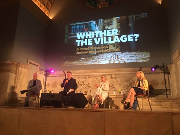 Andrew Berman, Alec Baldwin, Donna Schaper and Allyson Green at the panel discussion at Judson Memorial Church. Photo: Jaden Satenstein