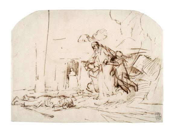 Rembrandt, “God Announcing His Covenant with Abraham,” ca. 1656–58. Pen and ink on paper, 7 ¾ x 10 1/2 inches. Kupferstich-Kabinett, Staatliche Kunstsammlungen Dresden. Photo: Herbert Boswank