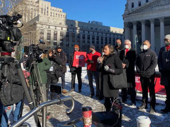 Elizabeth Kari, advocate and daughter of assault survivor Vilma Kari, tells her story to the crowd. Photo: Ava Manson