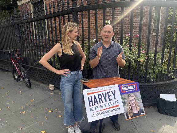 While it appears that Virginia Maloney is marveling at the sunbeam from the heavens alighting on top of the cranium of Harvey Epstein, it was actually the setting on the morning of Sept. 30 for the two Democratic candidates for City Council to announce they are cross-endorsing each other in their respective races.