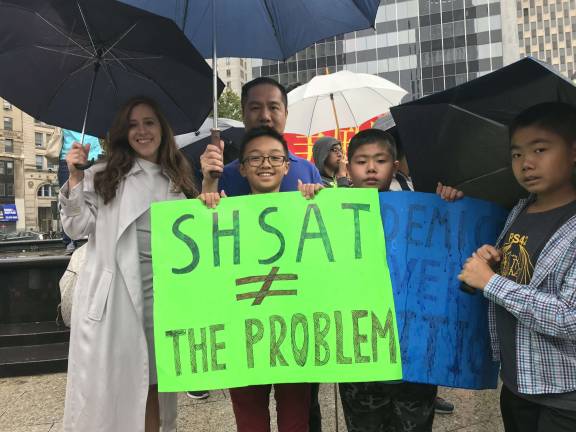 Naomi Levin campaigning in Foley Square in support of the Specialized High Schools Admissions Test, the test used for entry into the city's elite high schools. Photo courtesy of Naomi Levin for Congress Campaign