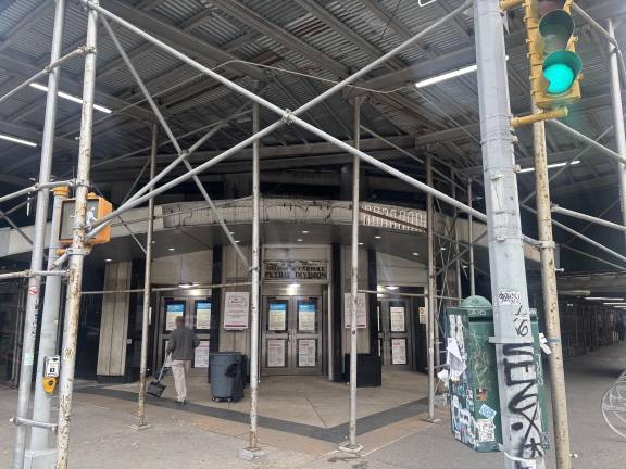 Workers tore down the Mount Sinai Beth Israel signage, leaving bare fluorescent tubing and signs above the front entrance that had not been seen since the Mount Sinai takeover more than a decade earlier. Scaffolding now surrounds the hospital, which closed for good on April 9.