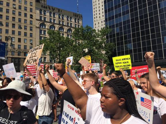 People opposed to the Trump administration's immigration policies gathered in Manhattan's Foley Square Saturday morning. Photo: Natasha Roy
