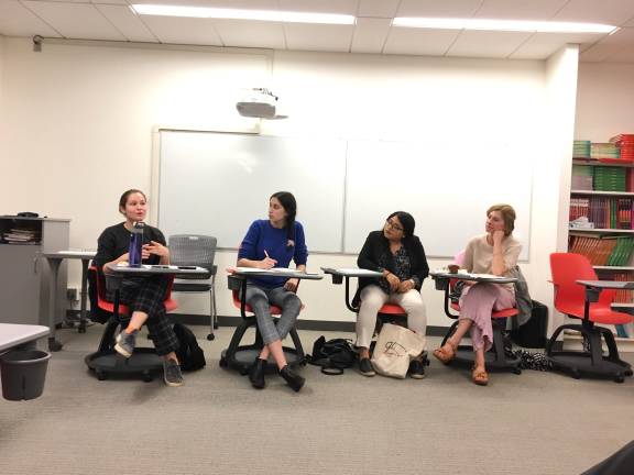 Cece King (left) and Dorothea Newman (second from the left) on a panel they organized through Community Board 8's Youth, Education, and Libraries Committee on the need for schools to teach civics to students. Photo: Courtesy of Cece King