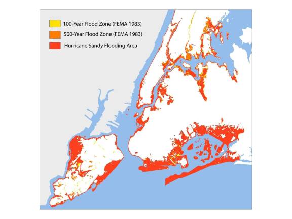 A map shows that the areas with a heightened risk of flooding did, in fact, line up with the areas hardest hit by Hurricane Sandy in 2012. Map courtesy of FEMA