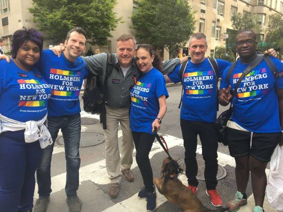 Pete Holmberg with five of his volunteers at the corner of Fifth Avenue and 68th Street. The Republican-turned-Democrat-turned-Republican is mounting an underdog challenge to Democratic state Senator Liz Krueger in the Nov. 6 general election. Photo: Courtesy of Holmberg for New York