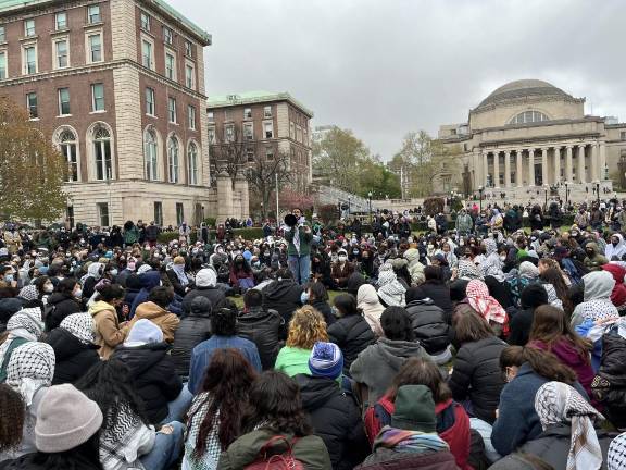 Pro-Palestinian protesters gather on the South Lawn at Columbia University. (Photo: Anonymous).