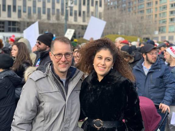 Two weeks ago Lihi Aharon was slashed in the face in an Anti-Semitic attack on the subway, tweeted Council Member Mark Levine. Today she's out marching against hate.