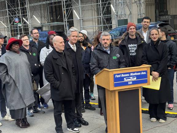 Department of Transportation head Mike Flynn (at dias) was joined (from left, front row) city council member Harvey Epstein, Manhattan borough president Brad Hoylman-Sigal and deputy mayor Julia Kerson to unveil plans for new bus lanes on lower Madison Ave.