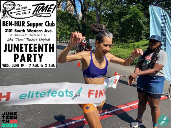 Juneteenth takes Manhattan in a 4 Mile Central Park run every year. Inset in the left hand corner is a poster from a long ago Juneteenth party in California.