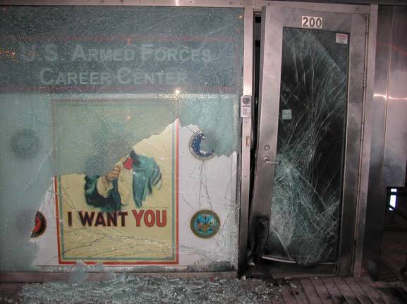 The bombed out Armed Forces recruiting station after it was struck by a homemade bomb left by an unknown assailant 15 years ago. Photo: FBI