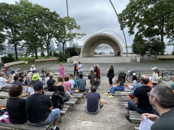 LES Breathe sharing findings at East River Park Action meeting at ERP Amphitheater, 2021. Photo: Wendy E Brawer