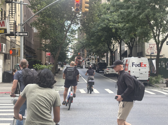 Many bikers, such as several captured at an intersection on East 29th Street, still run red lights even while pedestrians with the “walk” sign in their favor traverse the crosswalk. Note both the red traffic light and the red “don’t walk” hand sign that at least half the bikes at the intersection ignored.