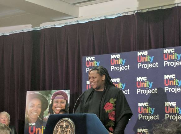 Lavender, a youth participant at the Hetrick-Martin Institute, speaks at the Unity Project event. Photo: Liz Hardaway