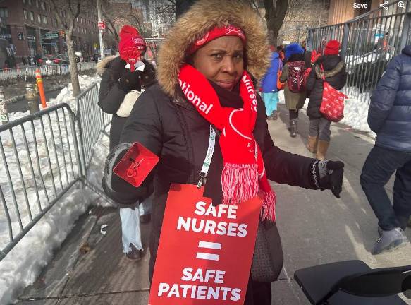 This striking nurse on walking a picket line outside Mount Sinai West on Feb. 6 emphasized the union’s demand for better staffing levels rather than the wage hikes that the hospitals were claiming was excessive.