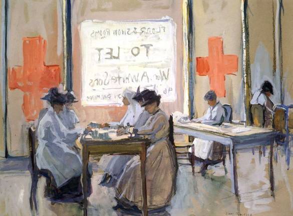 Jane Peterson (1876–1965). "Red Cross Work Room 5th Avenue, NYC during the War," c. 1917. Watercolor on paper, 17 ½ × 23 ½ in. Collection of Jonathan L. Cohen