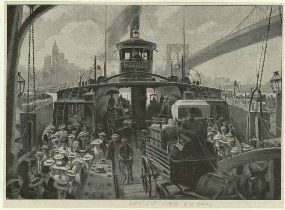 A 1910 photo of an East River ferry with the Brooklyn Bridge in the background. Century-old routes plied by commuter vessels between Lower Manhattan and the Upper East Side will be revived on August 15 when NYC Ferry starts whisking passengers between Wall Street&#x2019;s Pier 11 and East 90th Street. Photo: H. Strehm / New York Public Library Digital Collection