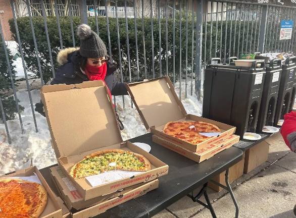 Striking nurses walking the picket lines were given pizzas for lunch outside Mount Sinai West on Feb. 6.