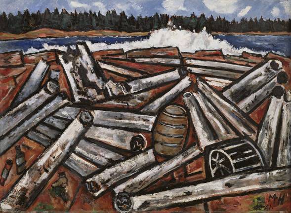 Marsden Hartley (American, 1877-1943). Log Jam, Penobscot Bay, 1940–41. Oil on masonite, 30 x 40 7/8 in. (76.2 x 103.8 cm). The Detroit Institute of Arts, Gift of Robert H. Tannahill.