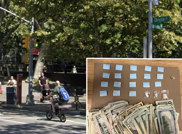 Broome and Chrystie streets at Sarah D. Roosevelt Park (left); note bike lane. Right: Busted, again, at Washington Square Park.