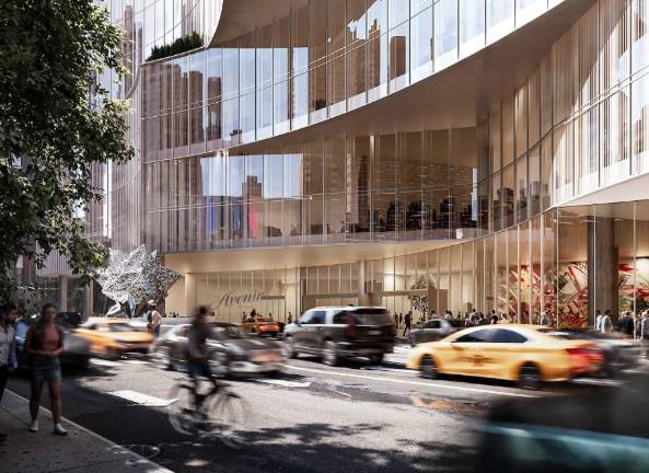 Rendering of the West 41st Street entrance of the Avenir, a proposed 45-story mixed-use tower that Silverstein Properties wants to build containing a 1,000-room hotel and gaming facilities that will take up less than 12 percent of the total square footage. The architect is CetraRuddy and Steelman Partners.