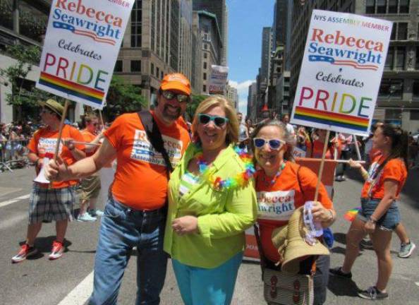 UES State Assemblymember Rebecca Seawright attending a Pride event. The recently Intersex Education Bill, which she served as a lead sponsor for, will greatly increase outreach on behalf of a community that often identifies as queer.