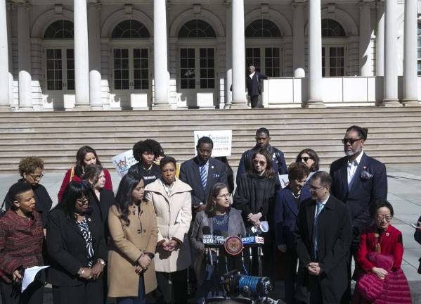 City lawmakers gathered at City Hall Feb. 28 to announce a set of bills aimed at improving New York’s response to sexual harassment in both the public and private sector. Photo: NYC Council, via Twitter