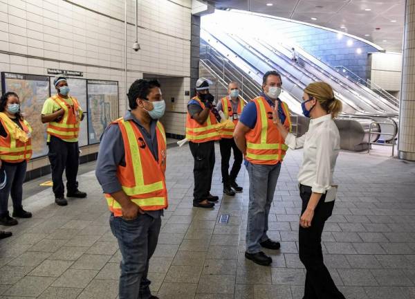 Sarah Feinberg, interim president of NYC Transit, thanked employees on June 11 at the 34 St - Hudson Yards subway station for their cleaning and disinfecting efforts during the COVID-19 pandemic. Photo: Marc A. Hermann / MTA New York City Transit