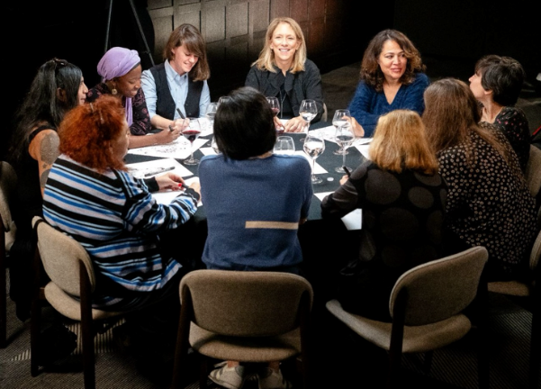 The round table, clockwise (starting with the red haired cartoonist): Victoria Roberts, Bishakh Som, Arantza Pena Popo, Maggie Larson, Liza Donnelly, Emily Hopkins, Liana Finck, Emily Flake, Roz Chast, Amy Hwang.