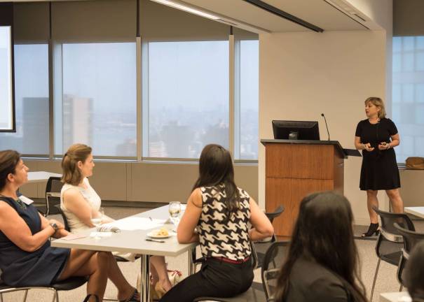 Eve Birnbaum as the headline speaker at a mentor program in July 2017 sponsored by the Association of Corporate Counsel -- New York City Chapter. Photo: Penny M. Williams