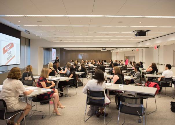 Eve Birnbaum speaking at a mentor program in July 2017 sponsored by the Association of Corporate Counsel -- New York City Chapter. Photo: Penny M. Williams
