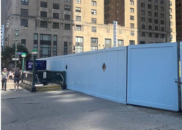 The subway entrance (above left) that Vornado wants to install into the base of an officer tower it seeks to erect at 484 Eighth Ave.
