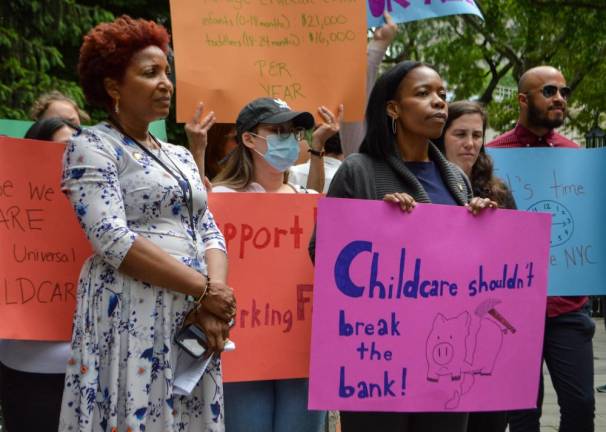 Council members and advocates joined to show support for universal child care in New York City. Photo: Abigail Gruskin