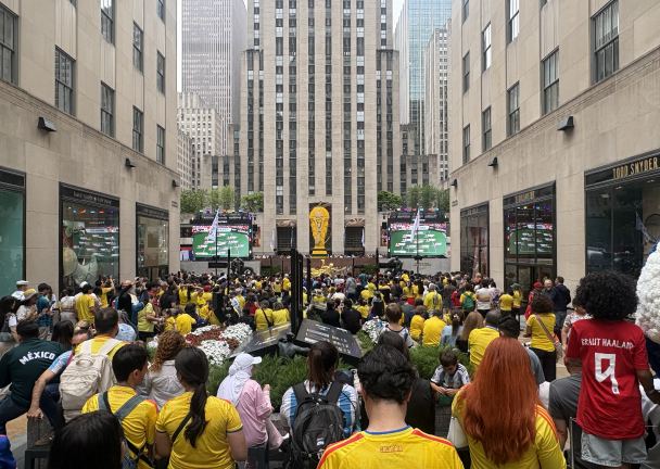 A crowd of mostly Colombia fans gathered to watch the pre-game programming on July 7.
