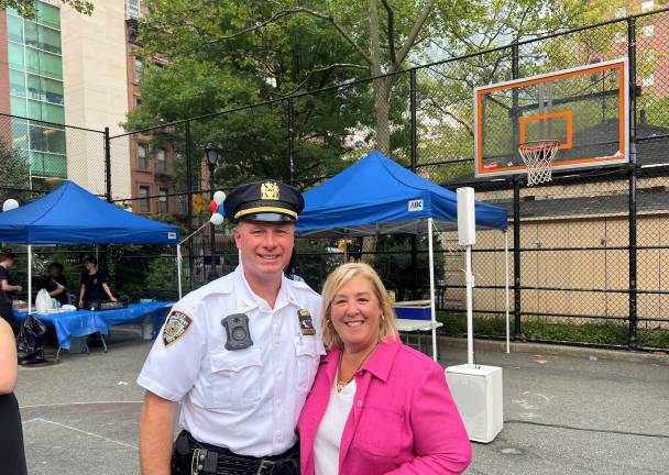 NYS Assembly Member Rebecca Seawright stopped by the 19th Precinct setup in St. Catherine’s Park to celebrate National Night Out with the precinct commander, Inspector Neil Zuber.