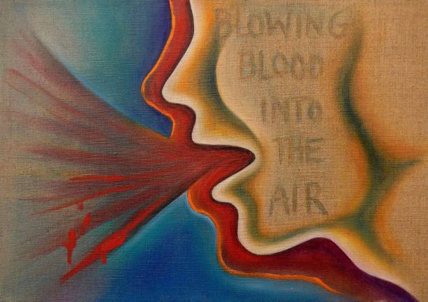 Chicago’s “Malehead 10/Blowing Blood Into the Air” from 1983. Sprayed acrylic and oil on canvas, 10 x 14 x 1.5 inches. Photo: Adel Gorgy