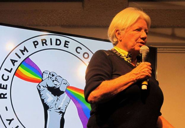Ann Northrop modertes a meeting of the Reclaim Pride Coalition. Credit: Jackie Rudin