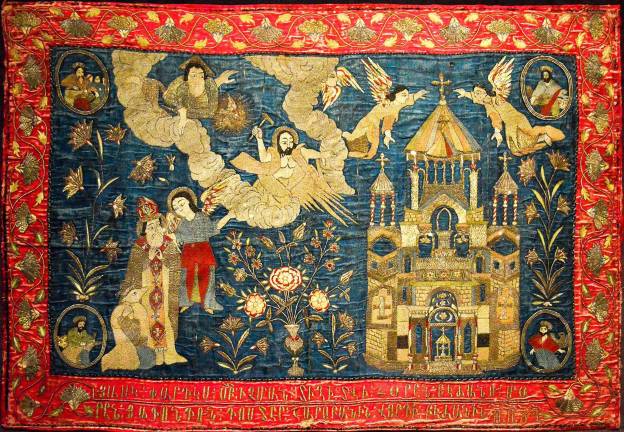 A gold, silver, and silk altar frontal, 1741, from New Julfa, an Armenian district in Isfahan settled after the forced relocation of Armenians from Julfa to Isfahan. Photo: Adel Gorgy