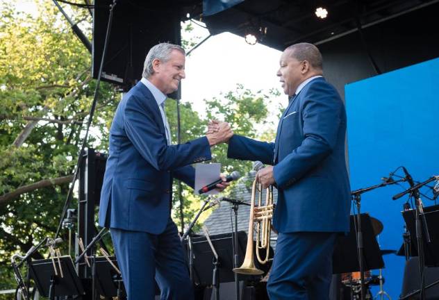 Mayor Bill de Blasio with Wynton Marsalis at opening night of NYC SummerStage 2021 in Central Park. Photo: Sean J. Rhinehart