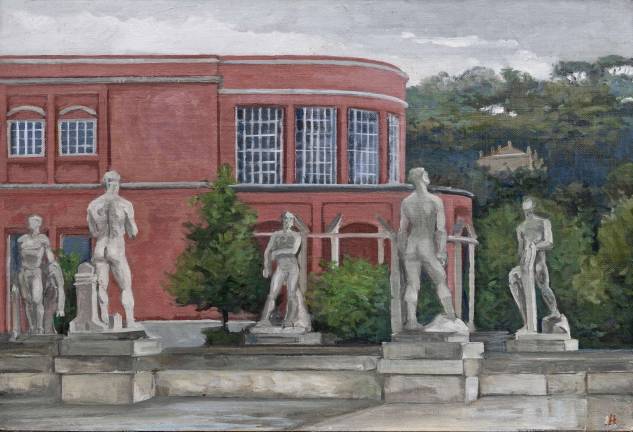 Rain at the Foro, Marble Athletes from Provinces of Brindisi, Napoli, Aosta, Livorno, &amp; Bergamo. Oil on linen over panel, 9 7/8 x 14 1/8 inches
