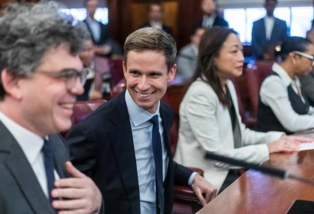 Eric Bottcher (center) at the swearing in ceremony of Julie Menin as speaker of the City Council on Jan. 8, may not be long for the chamber. He was given the Democratic line in the special election for the West Side New York State Senate seat recently vacated when Brad Hoylman-Sigal became borough president.